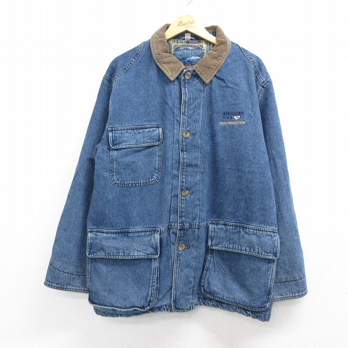 Rakuten - 【中古】古着 Dunbrooke 長袖 カバーオール メンズ 90年代 90s AMERICAN TOOL 襟コーデュロイ 大きいサイズ コットン 紺 デニム他 内側フランネル 26may07