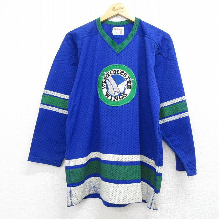 【中古】古着 ウィルソン 長袖 ビンテージ Tシャツ アイスホッケー ジャージ 80年代 80s WESTCHESTER 刺繍 メッシュ地 Vネック USA製 青他 26may07