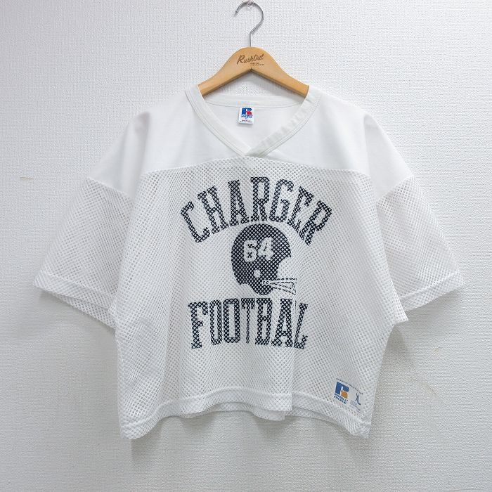 乐天商城 - 【中古】古着 ラッセル 半袖 ビンテージ フットボール Tシャツ メンズ 80年代 80s CHARGER メッシュ地 Vネック USA製 白 26may08