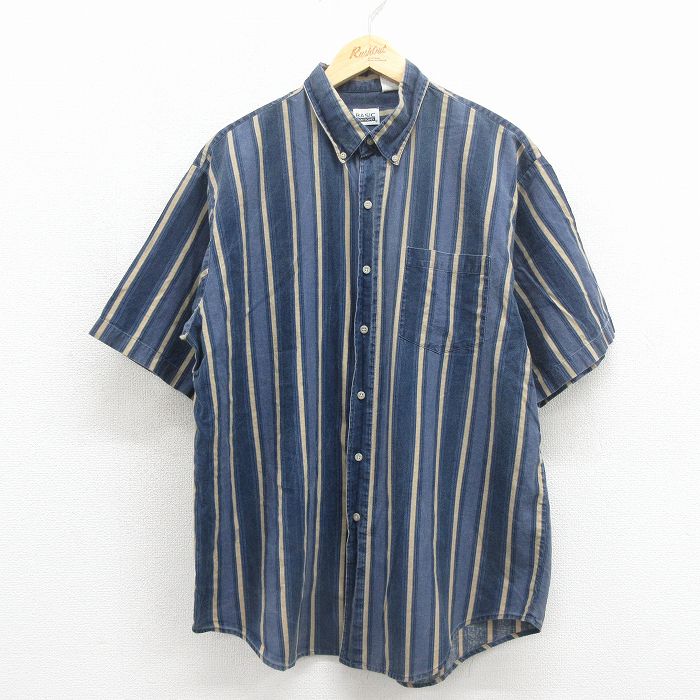 乐天商城 - 【中古】古着 ベーシックエディションズ 半袖 シャツ メンズ 00年代 00s ロング丈 コットン ボタンダウン 紺他 ストライプ 26may11