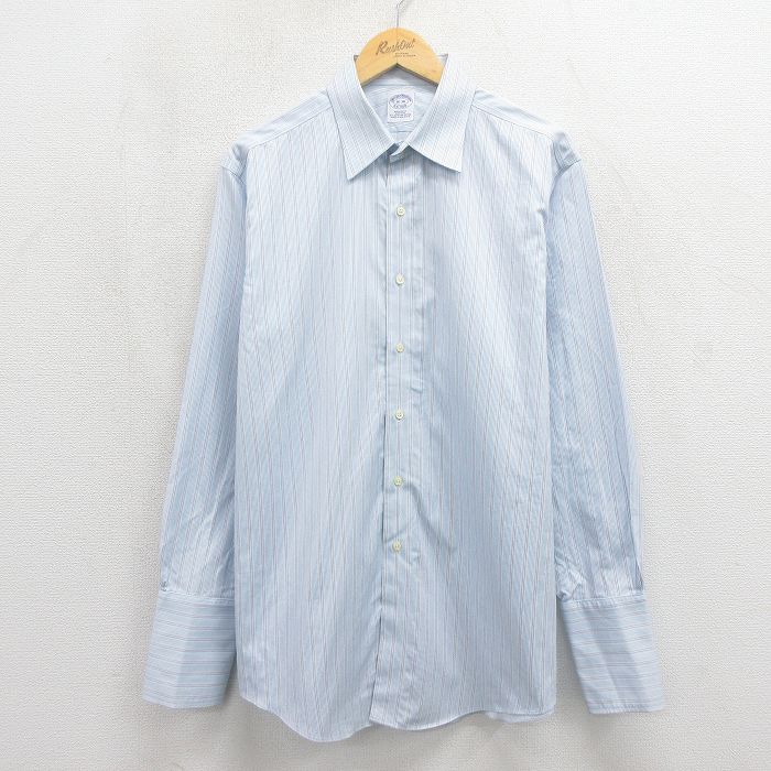 Rakuten - 【中古】古着 ブルックスブラザーズ 長袖 ブランド シャツ メンズ ロング丈 カフスボタン仕様 コットン 薄紺他 ストライプ 26may12