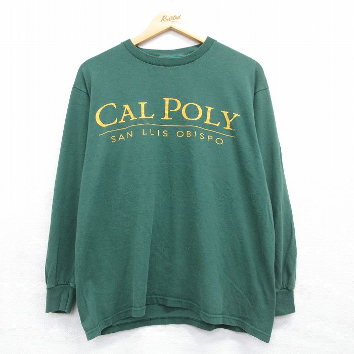 古着 長袖 ビンテージ Tシャツ メンズ 90年代 90s CAL POLY コットン クルーネック USA製 グリーン 26may13
