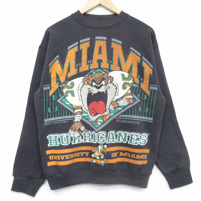 Rakuten - 【中古】古着 長袖 スウェット メンズ 90年代 90s ルーニーテューンズ タズ マイアミハリケーンズ クルーネック ブラック 26may15