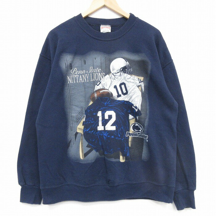 乐天商城 - 【中古】古着 長袖 スウェット メンズ 90年代 90s アメフト クルーネック USA製 ネイビー 26may15