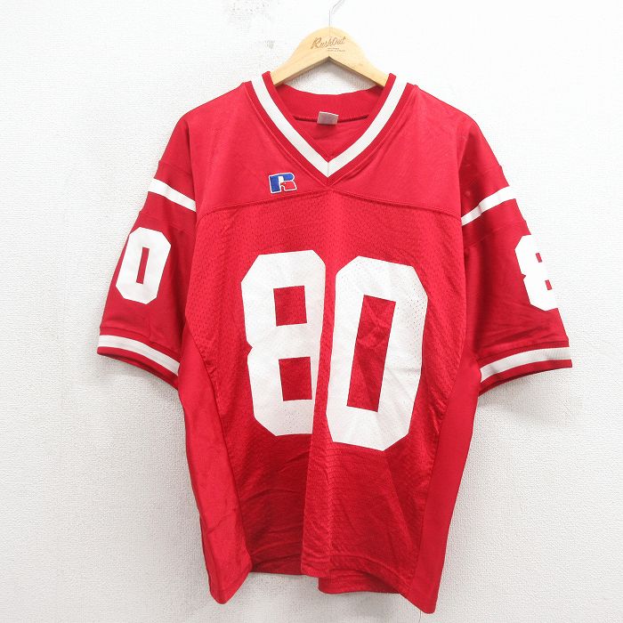 乐天商城 - 【中古】古着 ラッセル 半袖 ビンテージ フットボール Tシャツ メンズ 80年代 80s メッシュ地 Vネック レッド ユニフォーム ゲームシャツ 26may19