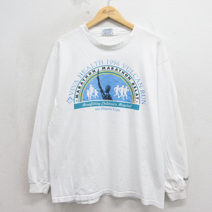 中古 古着 リーボック 長袖 ビンテージ Tシャツ メンズ 90年代 90s マラソン コットン クルーネック USA製 ホワイト 26may21