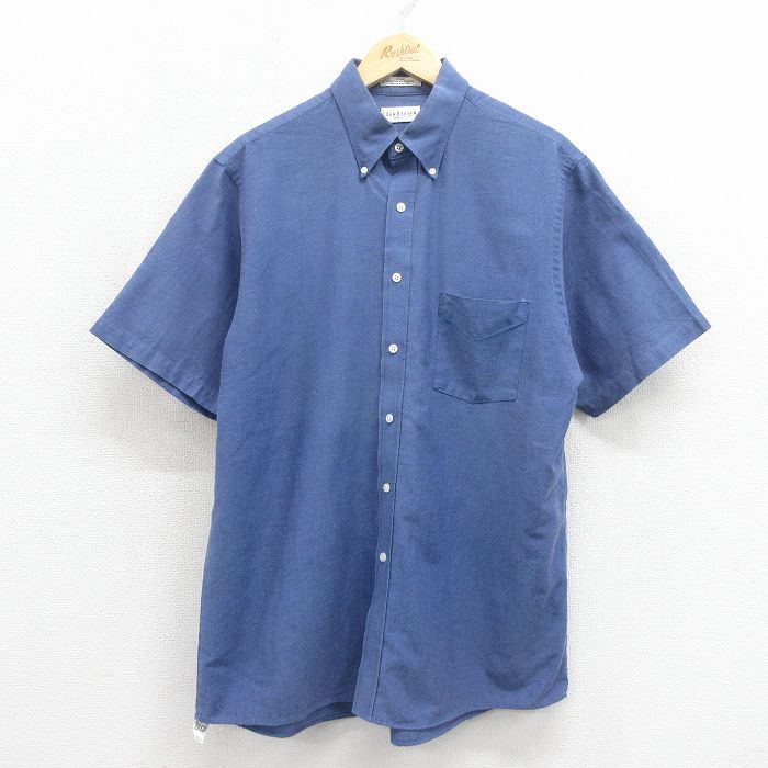 乐天商城 - 【中古】古着 バンヒューセン 半袖 シャツ メンズ オックスフォード ロング丈 ボタンダウン ネイビー 26may22