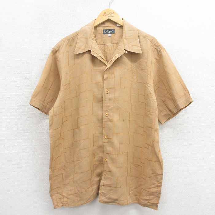 乐天商城 - 【中古】古着 半袖 シャツ メンズ パッチワーク リネン 開襟 オープンカラー ベージュ 26may22