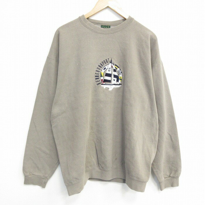 樂天商城 - 【中古】古着 長袖 スウェット メンズ 90年代 90s ヨット 刺繍 大きいサイズ クルーネック USA製 ベージュ 26may23