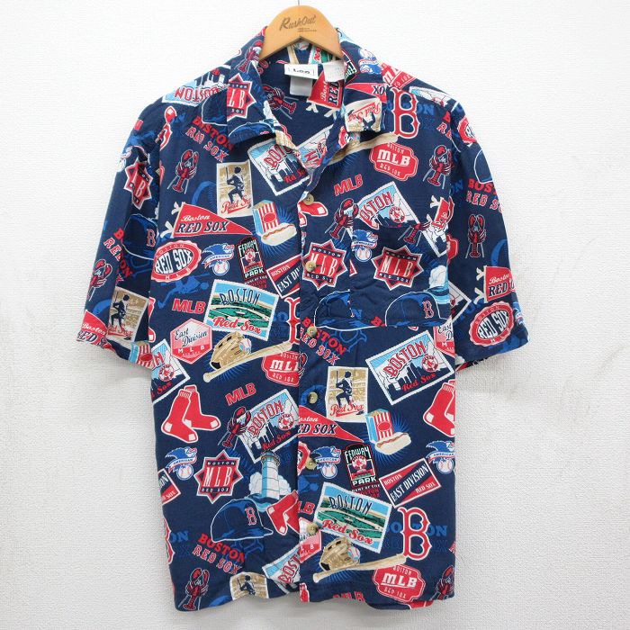 乐天商城 - 【中古】古着 リー Lee 半袖 シャツ メンズ 00年代 00s MLB ボストンレッドソックス 総柄 開襟 オープンカラー ネイビー メジャーリーグ ベースボール 野球【spe】 26may25