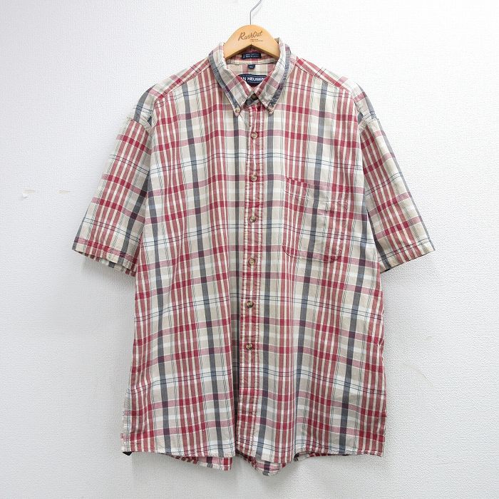 樂天商城 - 【中古】古着 バンヒューセン 半袖 シャツ メンズ 90年代 90s 大きいサイズ コットン ボタンダウン ベージュ チェック 26may25