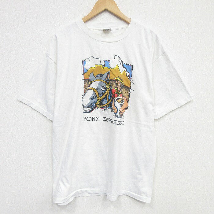 古着 FABRIC ART 半袖 ビンテージ Tシャツ メンズ 90年代 90s ポニー エスプレッソ コットン クルーネック USA製 ホワイト 26may28