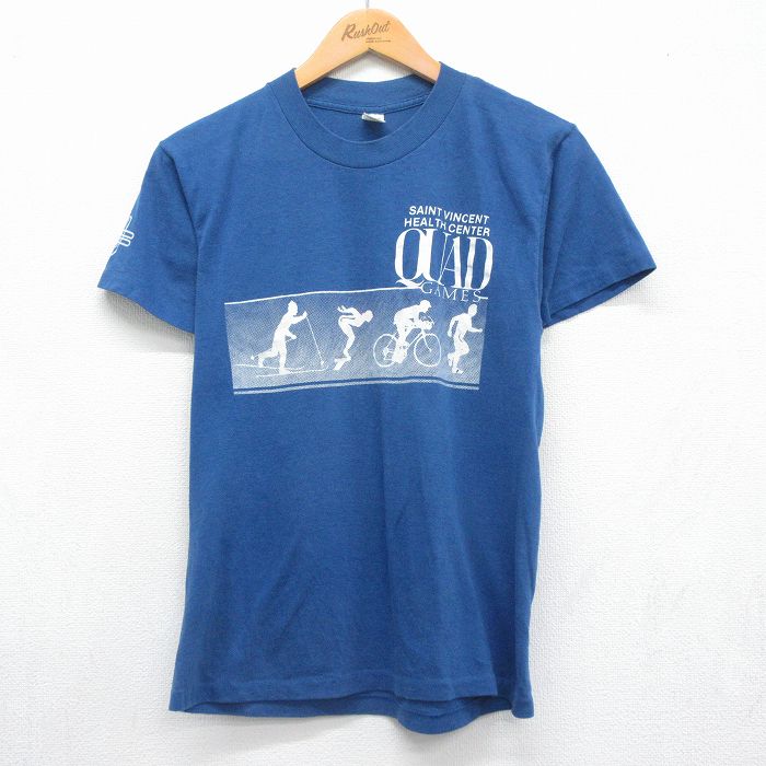 【中古】古着 80s 半袖Tシャツ メンズ ブルー QUAD GAMES Sサイズ相当 レトロ ゲーム プリント ストリート カジュアル アメカジ きれいめ ヴィンテージ オールド