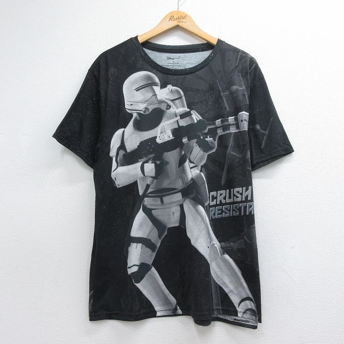 【中古】古着 半袖 Tシャツ メンズ 映画 スターウォーズ ファーストオーダー フレイムトルーパー 全面プリント 大きいサイズ クルーネック ブラック 26jul15