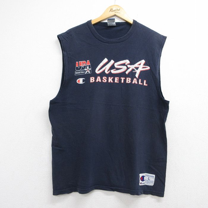【中古】古着 チャンピオン Champion ノースリーブ ビンテージ Tシャツ メンズ 90年代 90s USAドリームチーム コットン クルーネック USA製 ネイビー【spe】 26jul16