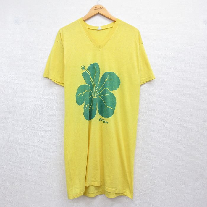 【中古】古着 80s 半袖Tシャツ レディース 80年代 ハイビスカス ロング丈 Vネック USA製 イエロー アメカジ ストリート カジュアル きれいめ ヴィンテージ 26jul21