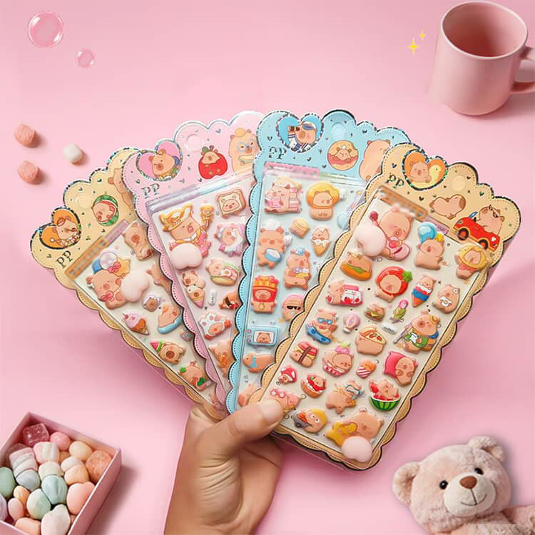 ステッカー 立体 蓄光シール 4枚セット ぷにぷに 3D ぷくぷくシール 光るシール 4枚セット 蛍光 子供 カピバラ ぷっくり キャラクター おはじきシール ご褒美シール デコシール 手帳 スマホケース 小学生 女の子 おしりシール かわいい おもしろ グッズ 2