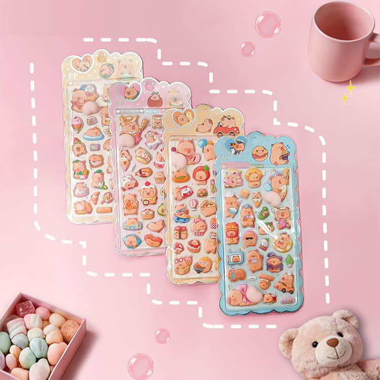 ステッカー 立体 蓄光シール 4枚セット ぷにぷに 3D ぷくぷくシール 光るシール 4枚セット 蛍光 子供 カピバラ ぷっくり キャラクター おはじきシール ご褒美シール デコシール 手帳 スマホケース 小学生 女の子 おしりシール かわいい おもしろ グッズ 3