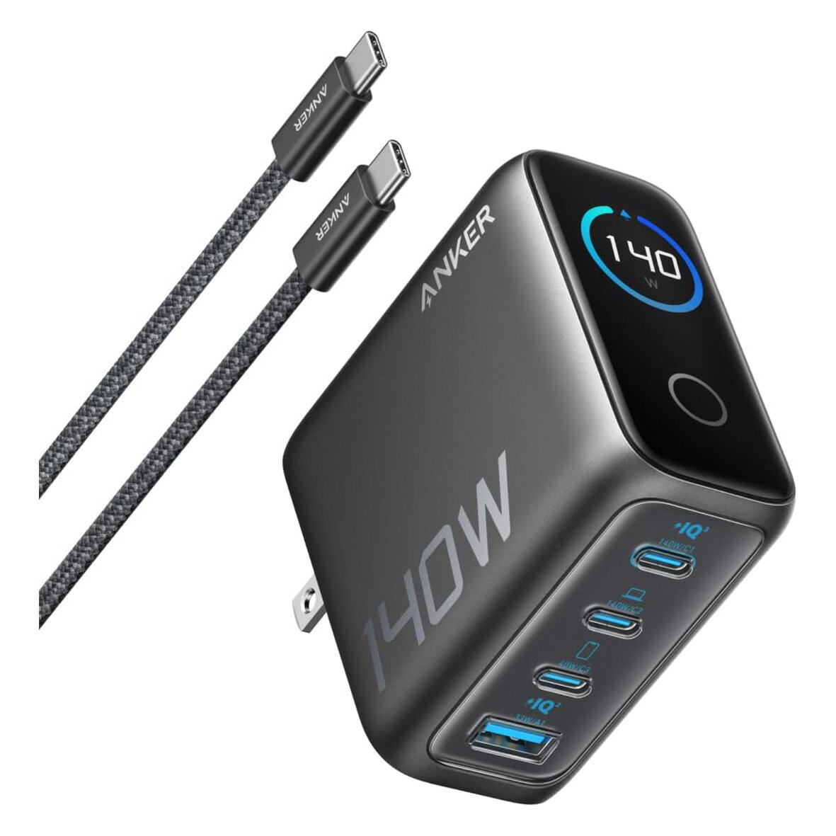 Rakuten - Anker Charger (140W, 4 Ports) with USB-C & USB-C ケーブル ダークグレー