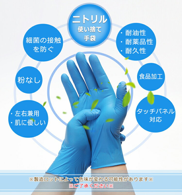 【送料込みで1箱1,056円のみ】ニトリル手袋 パウダーフリー 500枚入(100枚入x5箱)使い捨て手袋 ニトリルグローブ ブルー 粉なし 左右兼用 薄手 ニトリルゴム手袋 ウイルス予防 S/M/Lサイズ 介護用手袋 ディスポ手袋 使い切り手袋 食品衛生法適合