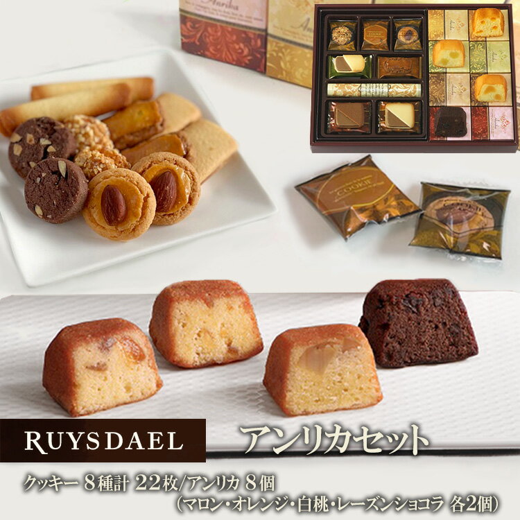 バターケーキ お中元 父の日 ギフト スイーツ お菓子 RUYSDAEL (ロイスダール) アンリカセット クッキー8種計22枚、アンリカ×8個（マロン・オレンジ・白桃・レーズンショコラ×各2個）【フルーツケーキ バターケーキ パウンドケーキ クッキー 個包装 のし リボン 手提げ 3400円】