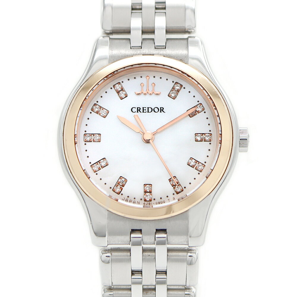 電池交換済 SEIKO セイコー クレドール シグノ 4J81-0AW0 ダイヤモンド 22Pダイヤ 白 ホワイトシェル K18PG ピンクゴールド SS ステンレス コンビ レディース クォーツ【6ヶ月保証】【腕時計】【中古】