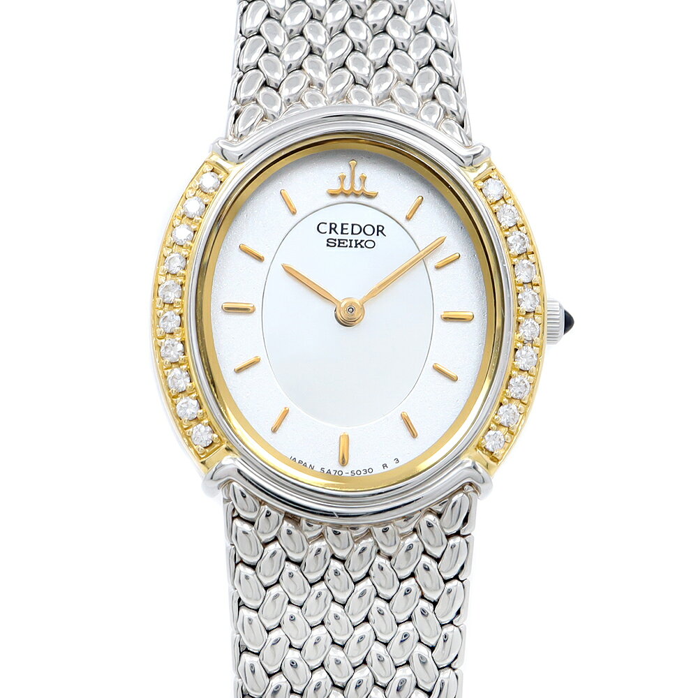電池交換済 SEIKO セイコー クレドール ダイヤベゼル 5A70-3000 ダイヤモンド 白 ホワイトシェル K18YG イエローゴールド SS ステンレス コンビ レディース クォーツ【6ヶ月保証】【腕時計】【中古】