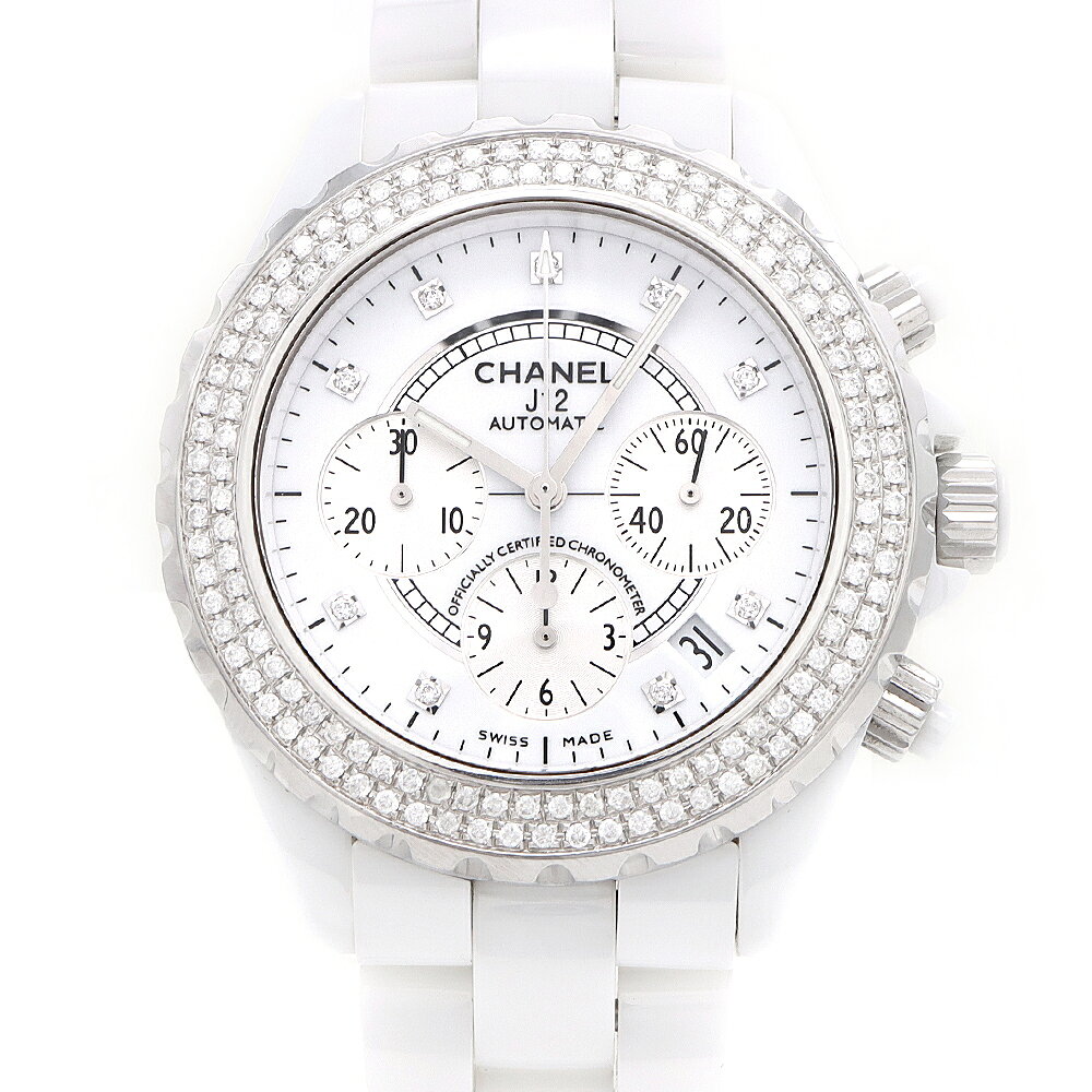 CHANEL シャネル J12 41mm クロノグラフ 2重ダイヤベゼル H2009 ダイヤモンド 9Pダイヤ 200m防水 デイト 白 ホワイト CE セラミック SS ステンレス アフターダイヤ メンズ 自動巻き【6ヶ月保証】【腕時計】【中古】