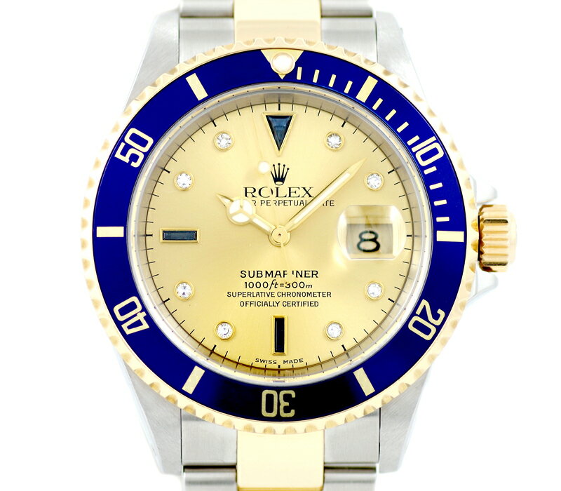 ほぼ新品 OH仕上げ済 ROLEX ロレックス SUBMARINER サブマリーナ 16613SG K番 3Pサファイヤ 8Pダイヤモンド ゴールド 文字盤 K18YG イエローゴールド SS ステンレス コンビ メンズ 自動巻き【6ヶ月保証】【腕時計】【中古】