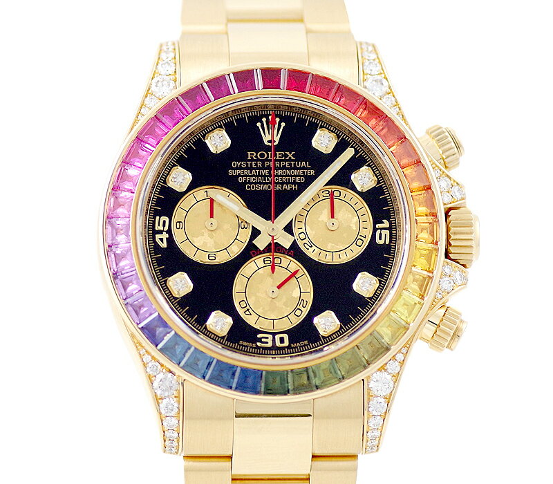 ROLEX ロレックス DAYTONA デイトナ 116598RBOW レインボー ランダム 8Pダイヤモンド 赤針 ブラック 黒 文字盤 K18YG イエローゴールド 金無垢 メンズ 自動巻き【6ヶ月保証】【腕時計】【中古】