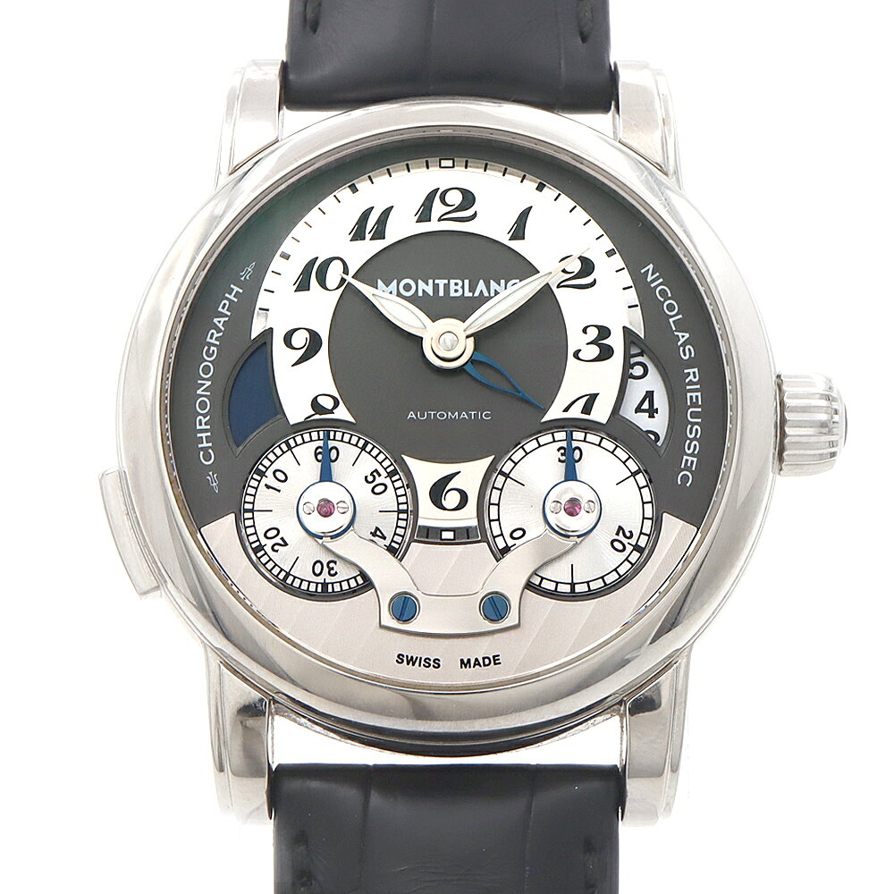 MONTBLANC モンブラン ニコラ リューセック モノプッシャー クロノグラフ 7138 102337 デイト 30m防水 デイ/ナイト表示 裏スケ GMT グレー SS ステンレス 純正ベルト 純正尾錠 メンズ 自動巻き【6ヶ月保証】【腕時計】【中古】
