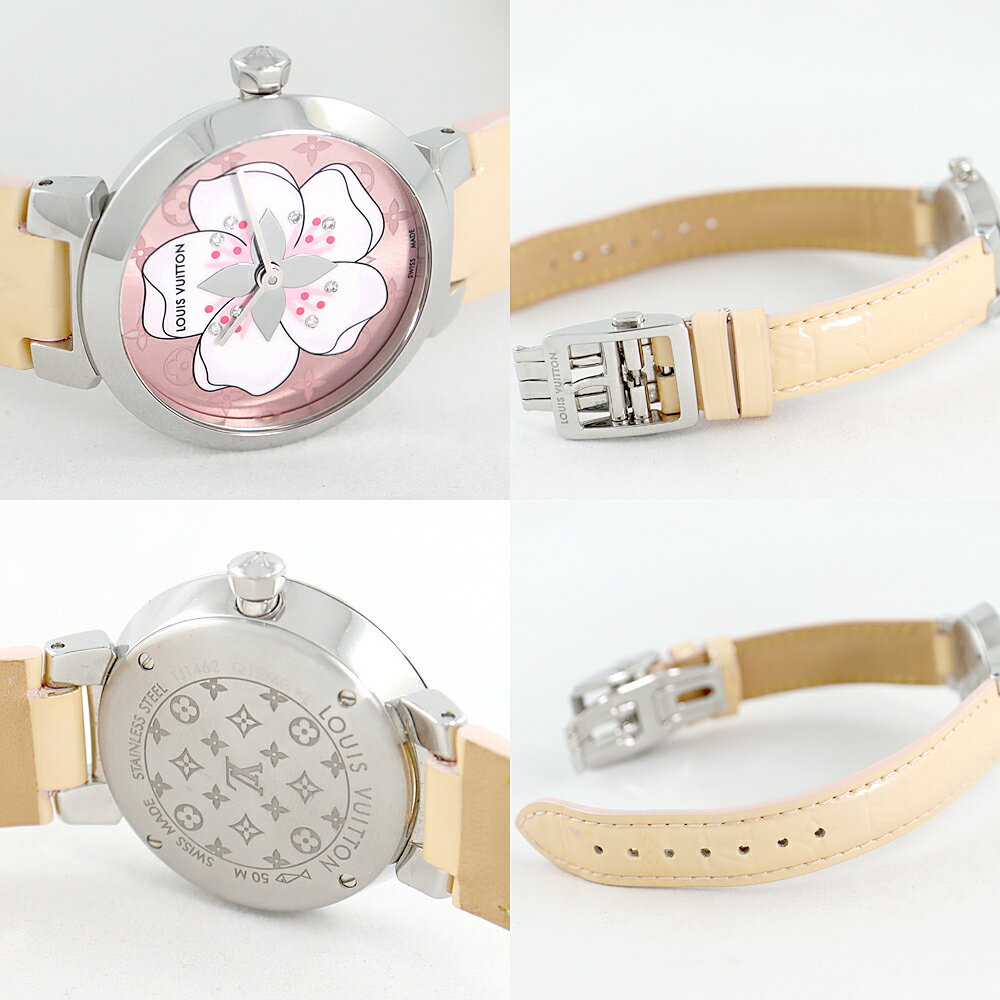 電池交換済 LOUIS VUITTON ルイヴィトン タンブール サクラ 桜 Q12MG モノグラム ピンク 8Pダイヤモンド SS ステンレス 純正ベルト 純正尾錠 レディース クォーツ【6ヶ月保証】【腕時計】【中古】