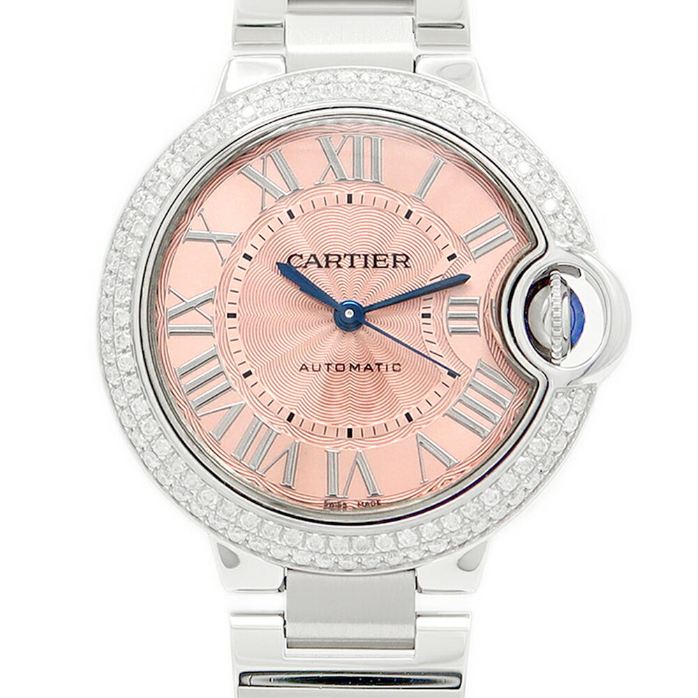 内部点検済 Cartier カルティエ バロンブルー 33mm ダイヤベゼル W6920100 30m防水 ダイヤモンド ピンクギョーシェ SS ステンレス アフターダイヤ レディース 自動巻き【6ヶ月保証】【腕時計】【中古】