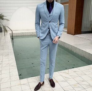紳士用 無地スーツ メンズ 3ピーススーツ スリムスーツ フォーマル 結婚式 通勤 入学式 成人式 秋冬春★花婿の介添え 紳士用 OL 20代30代40代 タキシードジャケット+ベスト+パンツ 二つボダンスーツ カジュアル ライトブルー M/L/XL/2XL/3XL 格好いい通販