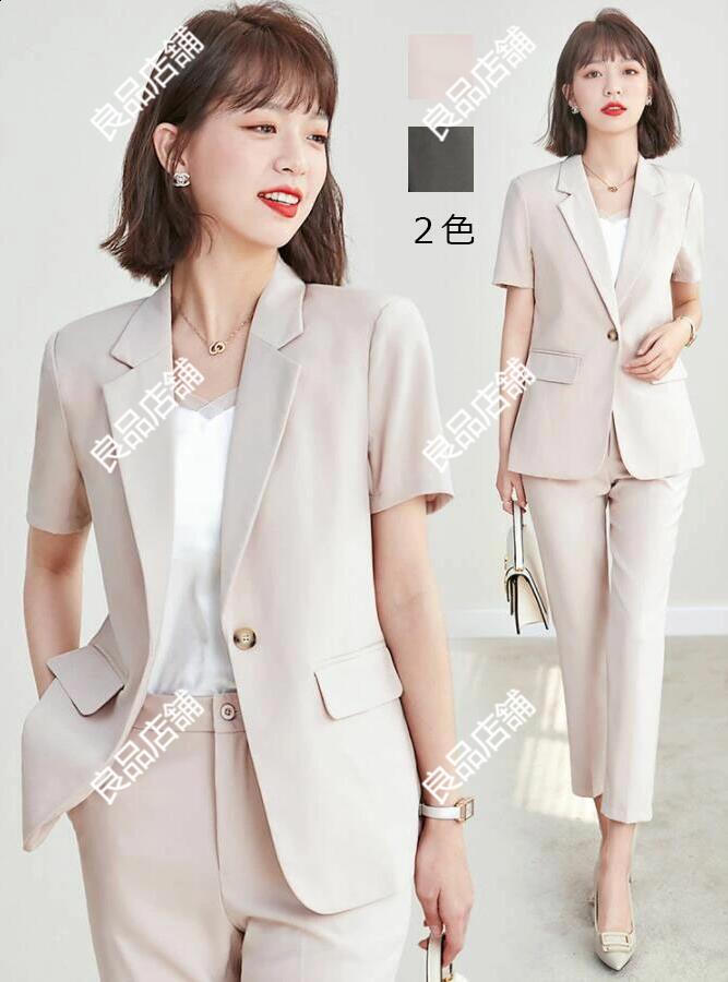 激安 2color 送料無料 夏スーツセット レディーススーツ 半袖 スーツセット レデイース フォーマルスーツ パンツスーツ 2点セット 2色 薄手 半袖ジャ...