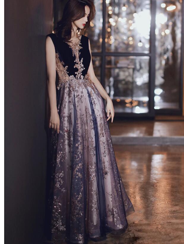 花嫁ドレス ノースリーブ 花飾り パーティードレス 演奏会ドレス レース花柄 結婚式 発表会 パーティー 司会者 ワンピース ぽっちゃり 大きめ ラウンドネック 編み上げ XS-3XL ウェディングドレス/セクシー/マキシ丈ワンピース/aライン/袖なし/Vネック ネイビー 花柄