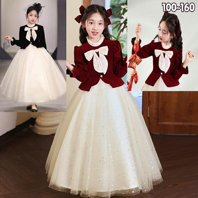 2色 ブラック/ワインレッド 送料無料 子供ドレス 長袖 ベロア ベルベット ロングドレス ピアノ発表会ドレス 演奏会ドレス 女児ドレス パフスリーブ 可愛い 女の子ドレス 七五三ドレス キッズドレス 100~160cm パフスリーブ 女の子 結婚式 子どもドレス