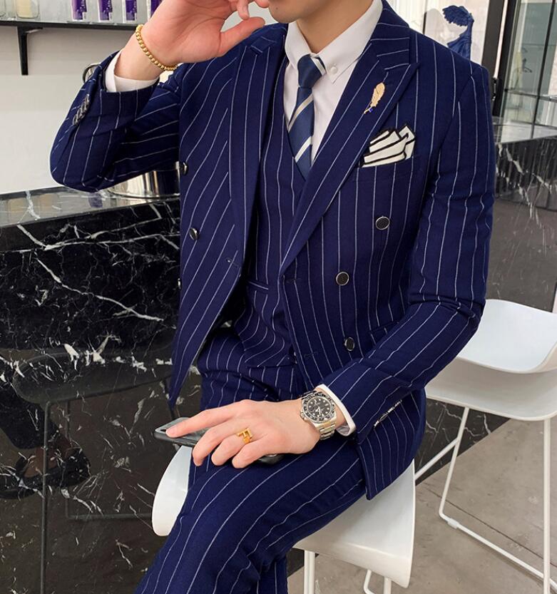 新品 ストライプ 韓国風 ビジネススーツ カジュアルスーツ おしゃれ 通勤 メンズファションドレス 3点セットアップ お兄系ー ジャケット 細身 演奏会 結婚式 フォーマル20代30代40代 司会