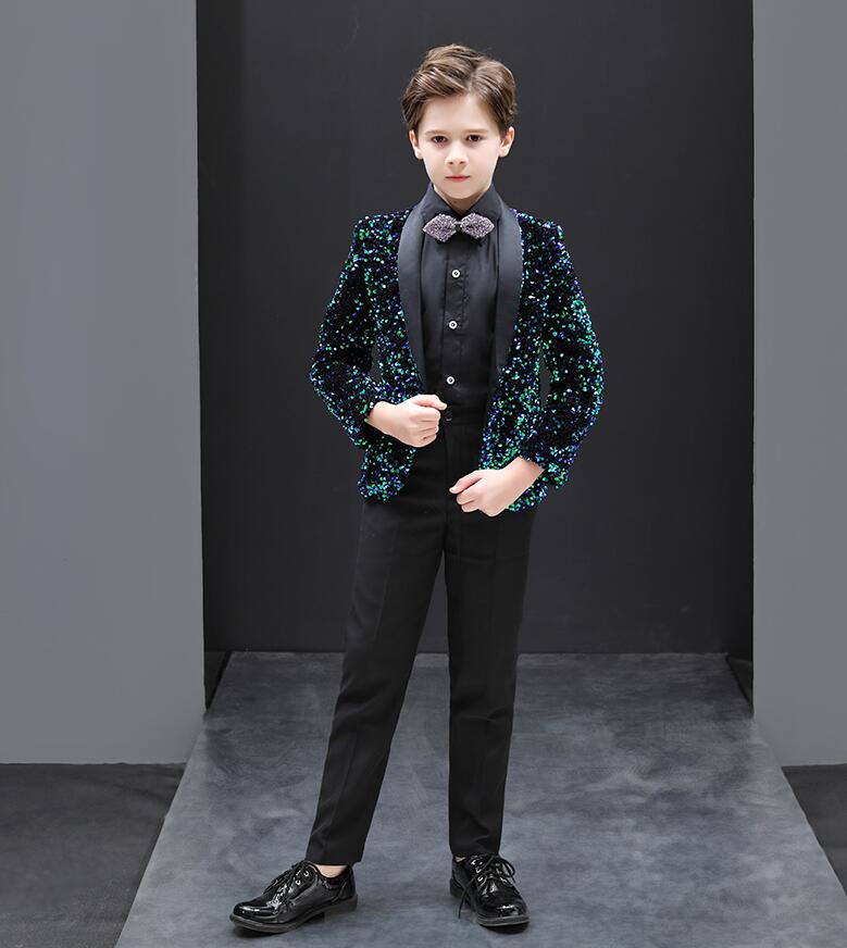 男の子スーツ 司会 5点セット ジャケット+ベスト+黒シャツ+ズボン+蝶ネクタイ セットアップ 上品 燕尾服スーツ キラキラ 結婚式 舞台 七五三 上品 子供服...