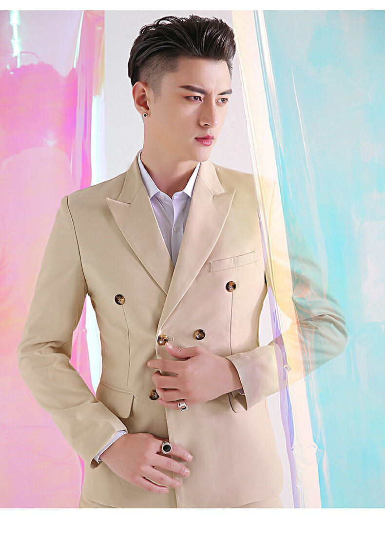 新発売 シャンパンカラー スーツ メンズ 無地柄 オシャレメンズスーツ カジュアル スーツ セットアップ スタイリッシュ 細身 オールシーズン 2点セット S～2XL 細身 上着+ズボン イベント衣装 ファッション長袖カラースーツ ステージ衣裳 ダブルボタンメンズ スーツ