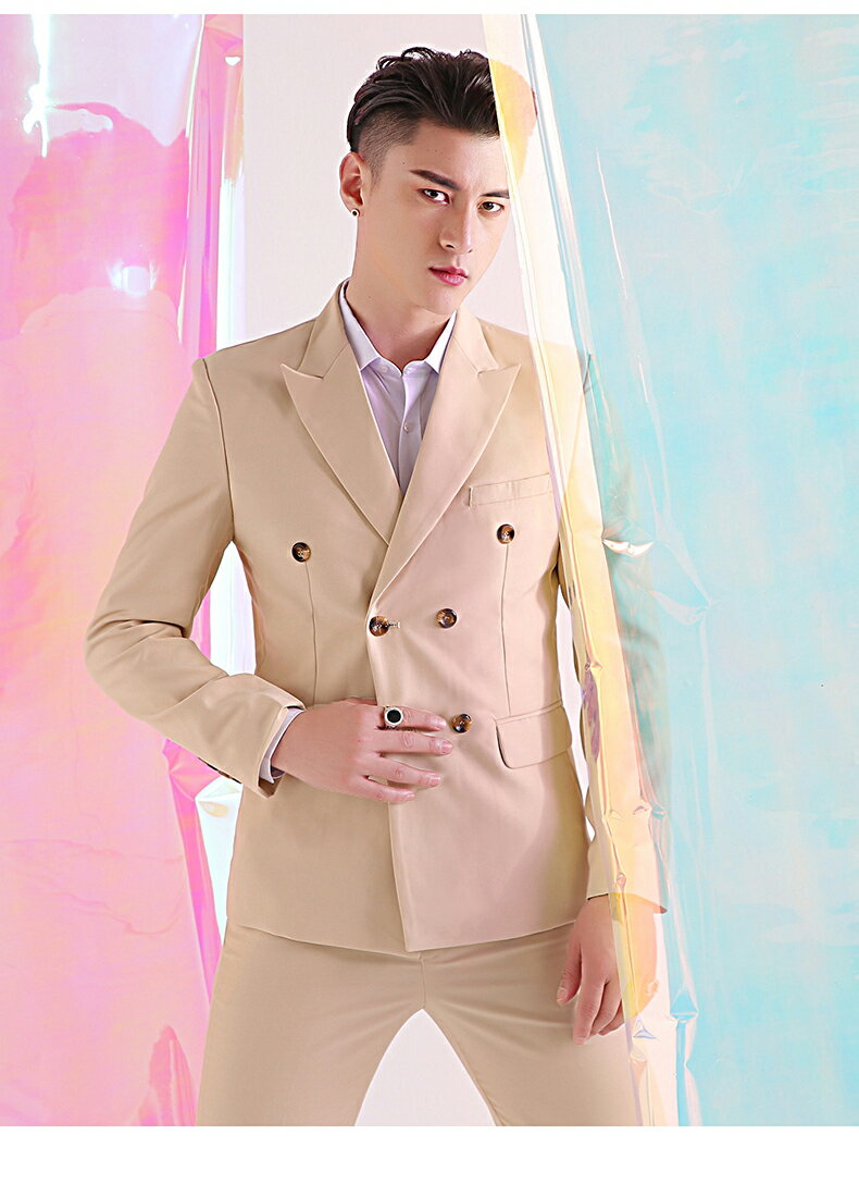 新発売 シャンパンカラー スーツ メンズ 無地柄 オシャレメンズスーツ カジュアル スーツ セットアップ スタイリッシュ 細身 オールシーズン 2点セット S～2XL 細身 上着+ズボン イベント衣装 ファッション長袖カラースーツ ステージ衣裳 ダブルボタンメンズ スーツ