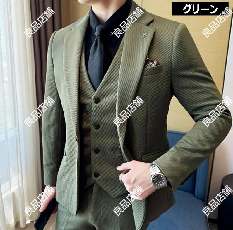 スーツ メンズ 上下セット スリーピーススーツ メンズ 大きいサイズ 3点セットアップ ジャケット スラックス ベスト 大きいサイズ 無地 スリムスーツ 細身 ビジネス カジュアル 成人式 紳士服 suit カーキ グレー グリーン ブラック 男性スーツ 花婿スーツ スリーピース