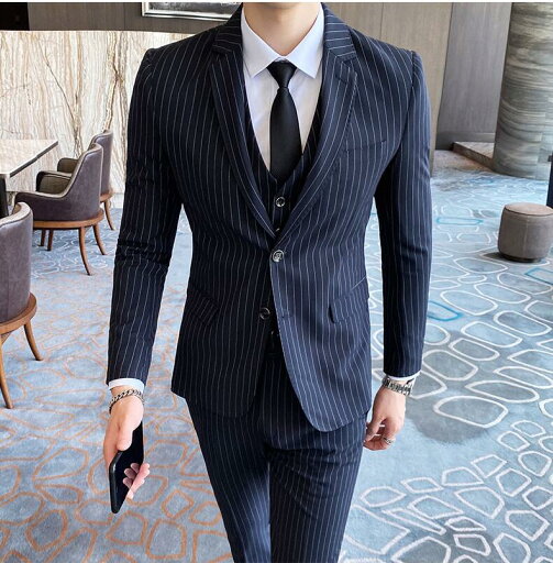 品質良い 紳士用 秋冬春夏 カジュアル ビジネス 3ピーススーツ メンズスーツ ジャケット+ベスト+パンツ 宴会 スリム 花婿の介添え タキシード 結婚式 通勤 入学式 成人式 フォーマルOL 通勤 30代40代 格好いい S~5XL 二つボダンスーツ ストライプスーツ 3色 ロングコート