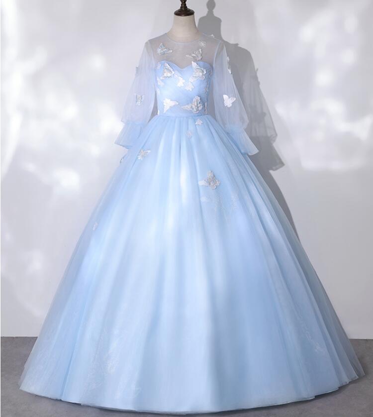 カラードレス 演奏会 コンサート パーティードレス ウェディングドレス 二次会 プリンセス ファスナー イブニングドレス フォーマル XS-3XL プリンセスライン 水色 宴会 ロングドレス パーティードレス 礼服 姫系ドレス お花嫁ドレス マキシ丈ドレス 長袖 青/シャンパン色