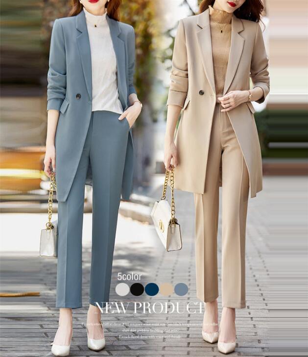 スーツセット 事務服 スーツ レディース パンツスーツ ロングコート 5色 フォーマル OLオフィス ビジネス 通勤就活面接 キャリア リクルート ロング丈ジャ...