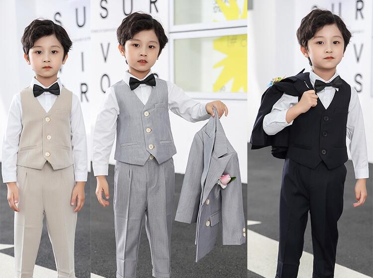 超人気 子供スーツ 3色 5点セットアップ ジャケット+ベスト+ズボン+蝶ネクタイ+コサージュ 七五三 子供服 ドレスコート 入学式 男の子スーツ 出演 キッズ...