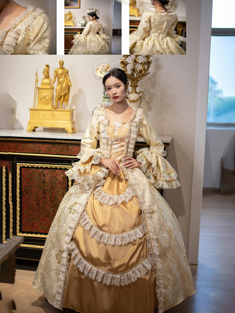 2点セット ドレス+3層パニエ付き【送料無料】ステージ衣装 ヨーロッパ風ドレス 貴族ドレス 高級感 宮廷ドレス 女王様ドレス プリンセスライン フレア袖 中世貴...