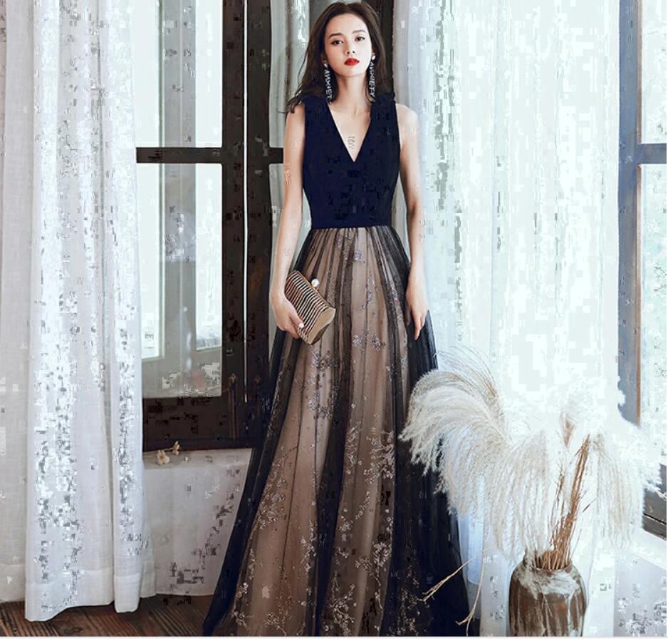 【送料無料】カラードレス ロングドレス ウェディングドレス 大人ドレス パーティードレス Aライン ファスナータイプ 床付きドレス ノースリーブ リボン 演奏会 二次会【XS~XL】演奏会用ドレス ロングドレス イブニングドレス　スパンコール キラキラ 　Vネック