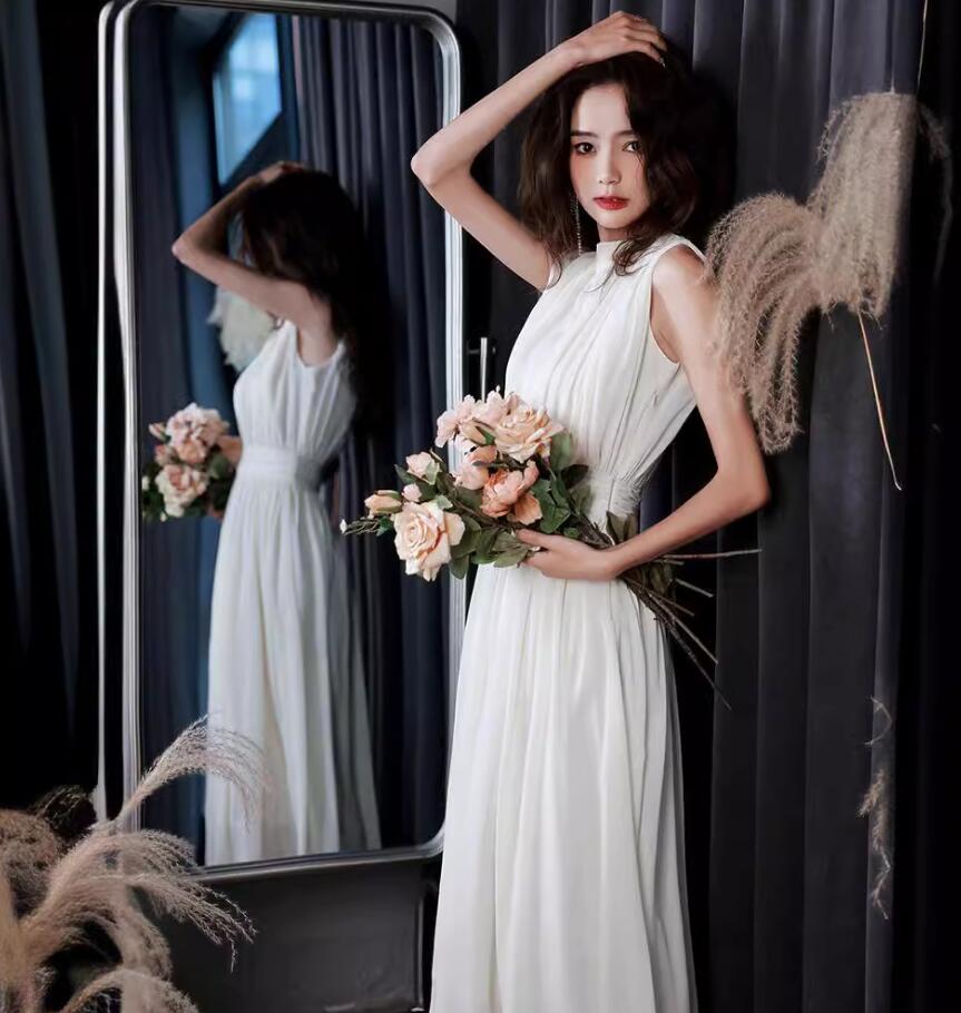 【送料無料】ウェディングドレス スレンダーライン ホルターネック 演奏会用ドレス ロングドレス イブニングドレス 花嫁ドレス Vネックドレス お呼ばれドレス ロング ドレス トレーン ワンピース 【XS~XL】ロマンチックなフレンチウェディングドレス 【 ホワイト】(4)