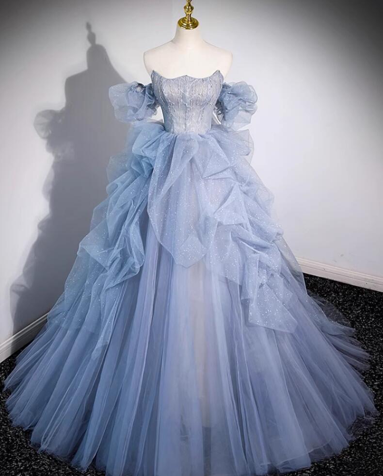 オフショルダー WeddingDress カラードレス 編み上げ ブルー ビスチェ ステージドレス ロングドレス ウェディウエディングドレス プリンセスドレス イブニングドレス コンサート コンクール パーティードレス ブライダル 花嫁 披露宴 プリンセスラインドレス XS~3XL